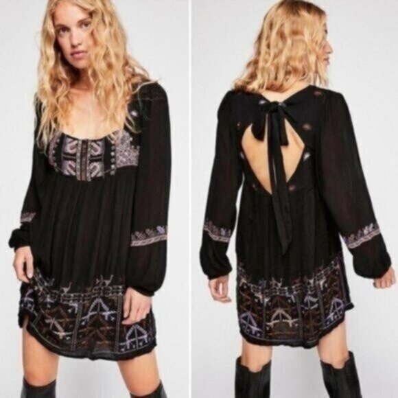 Free People Black Rhiannon Embroidered Long Sleeve Dress Size Small Women - Picture 1 of 9